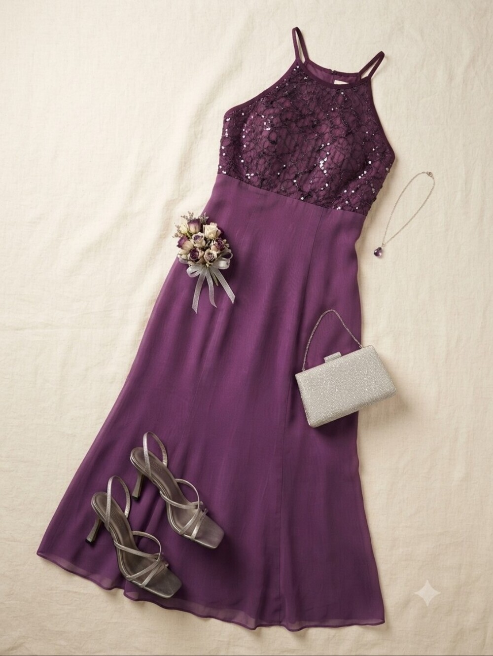 90s Y2K De Laru By Sheila Yen Purple Sequin High Neck Floor Length Dress